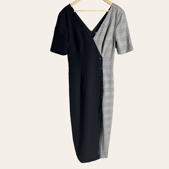 Fame and Partners Everly Black Plaid Button Front V-Neck Midi Dress Size 6 - Picture 5 of 16